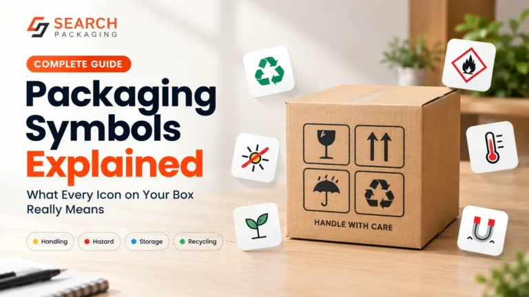 Packaging symbols explained with handling, hazard, storage, and recycling icons on a cardboard box