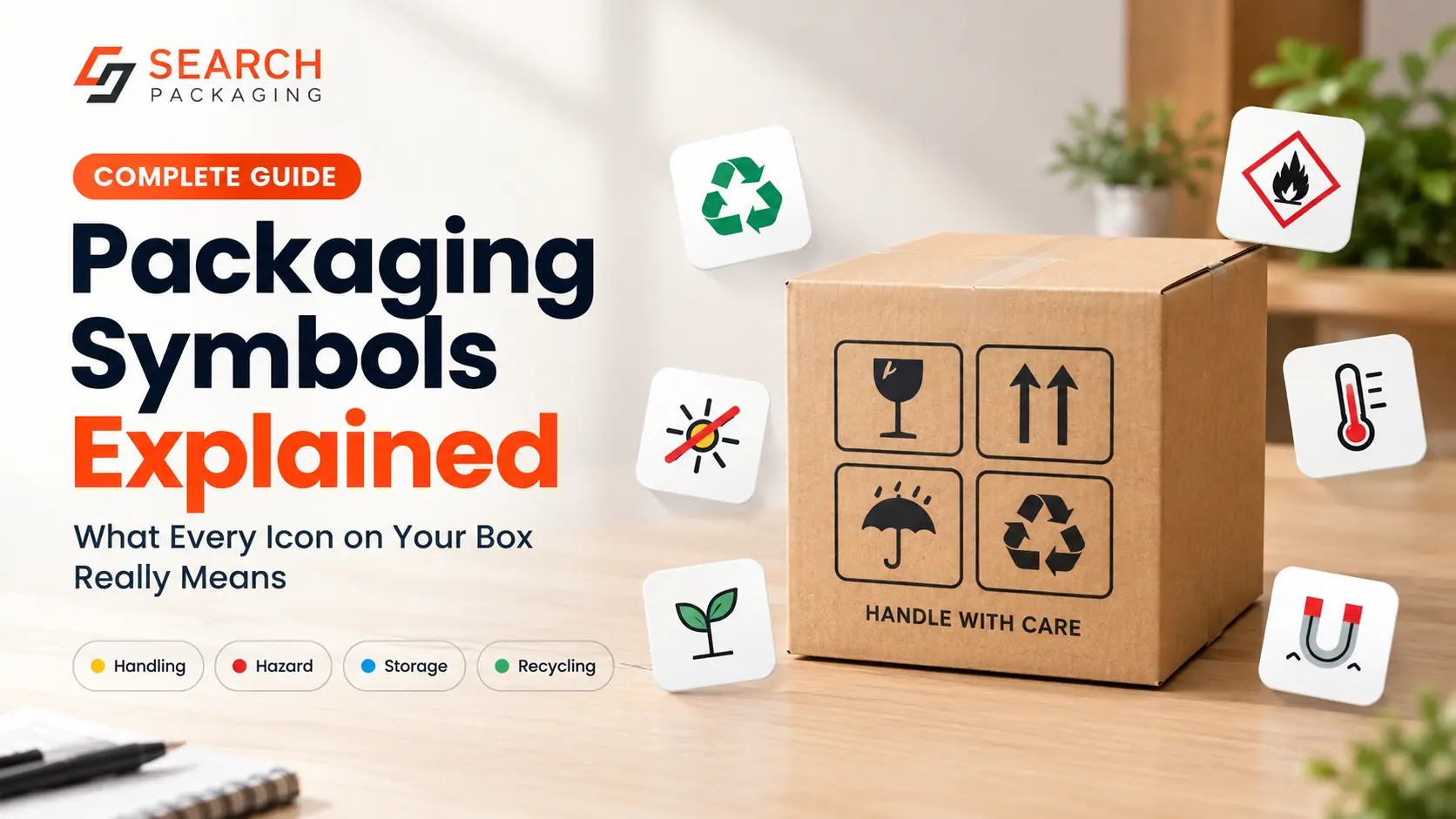 Packaging symbols explained with handling, hazard, storage, and recycling icons on a cardboard box